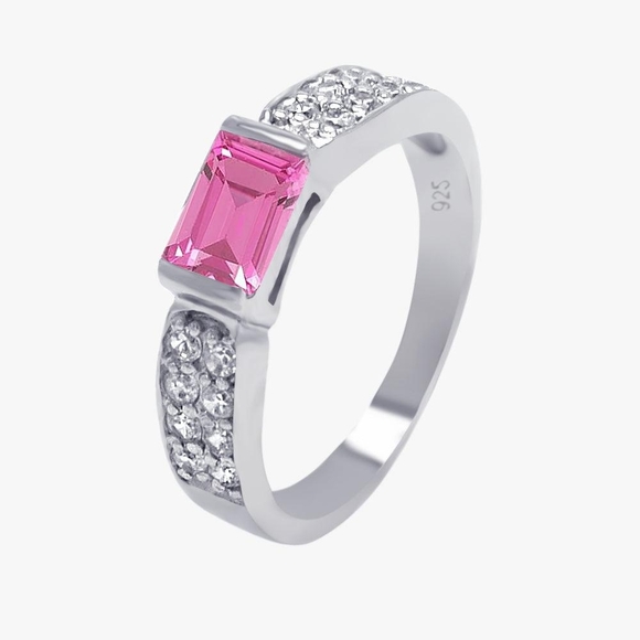 Silver 925 Rhodium Plated Pink Rectangular Center Pave CZ Ring